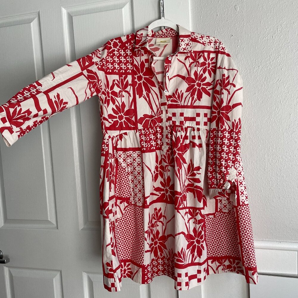 Maeve Shirt Dress - Rust Red & Cream Geometric & Floral Print, XS